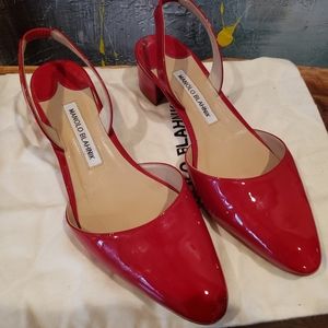 Red patent leather low heel slingbacks